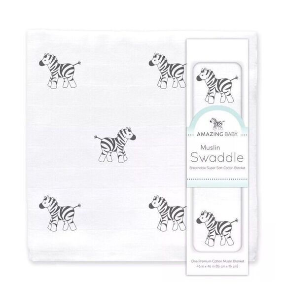 AMAZING BABY Newborn Muslin 100% Cotton Swaddle Zebra White Black 36”x36”Blanket - Picture 4 of 4